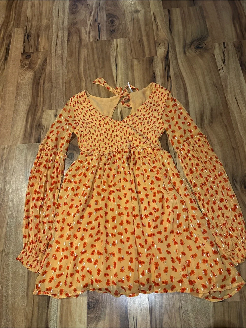 Free People M Golden Orange Floral Mini Dress Smocked Metallic Long Sleeve Boho